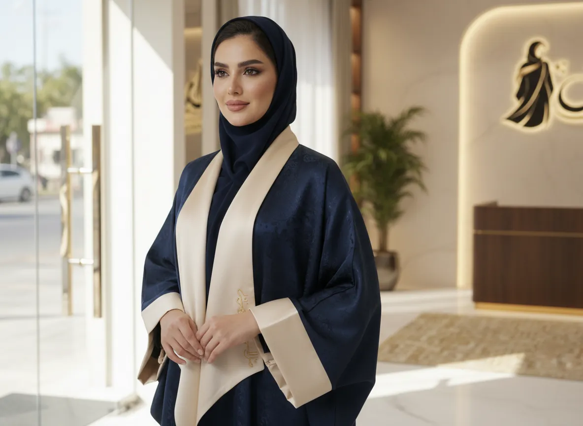 عباية بشت دبل فيس باللون الكحلي والبيج بتطريز ذهبي فاخر