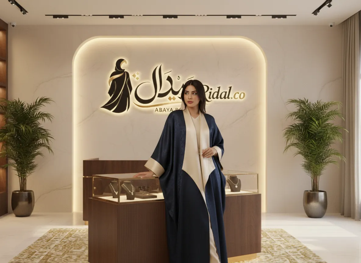 عباية بشت دبل فيس باللون الكحلي والبيج بتطريز ذهبي فاخر