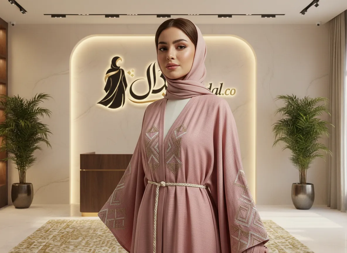 عباية باللون الوردي المغبر بتطريز هندسي وحزام مجدول أنيق