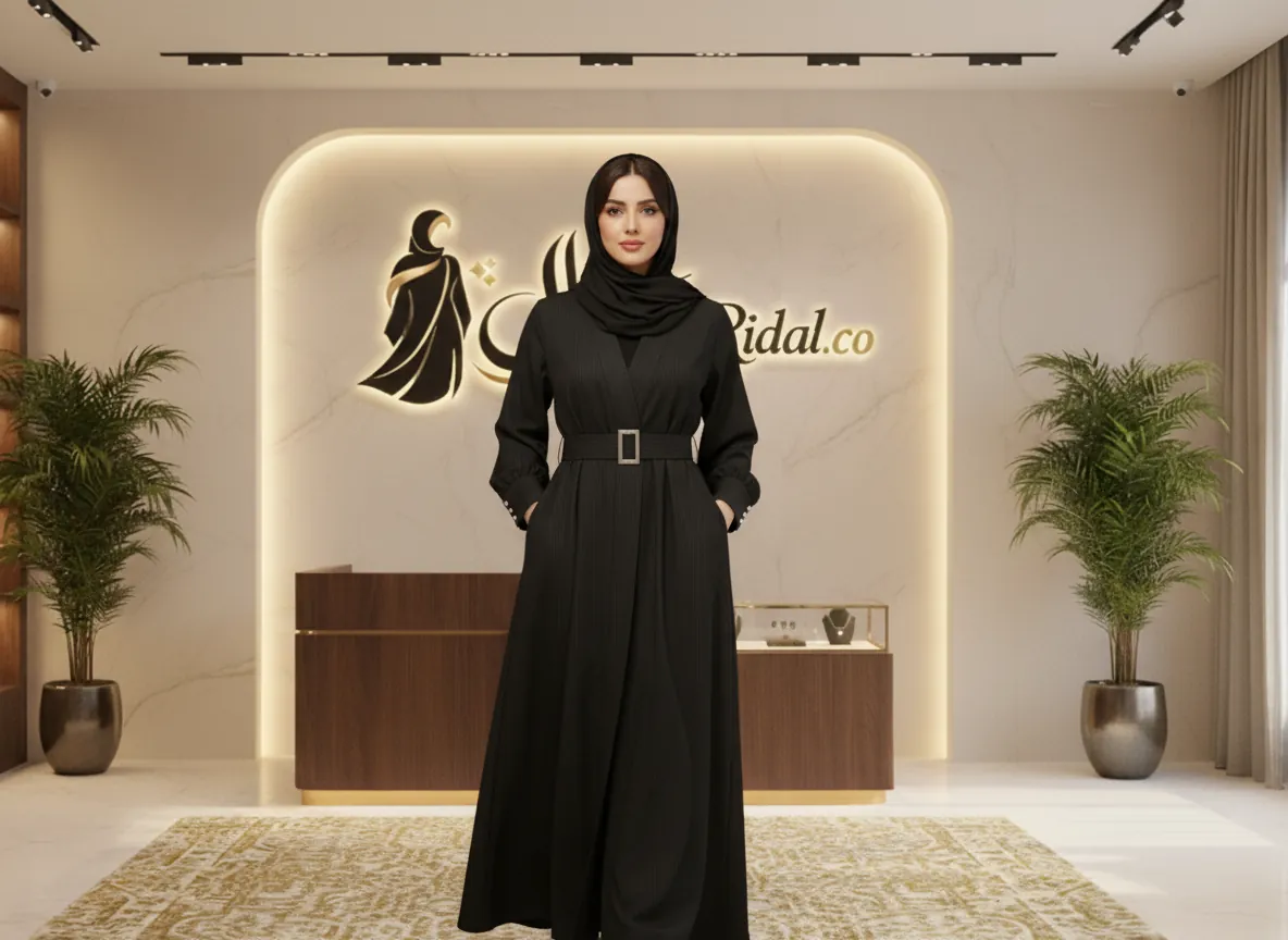 عباية دوام سوداء أنيقة بتصميم لف وقماش مقلم ناعم مع حزام خصر عريض