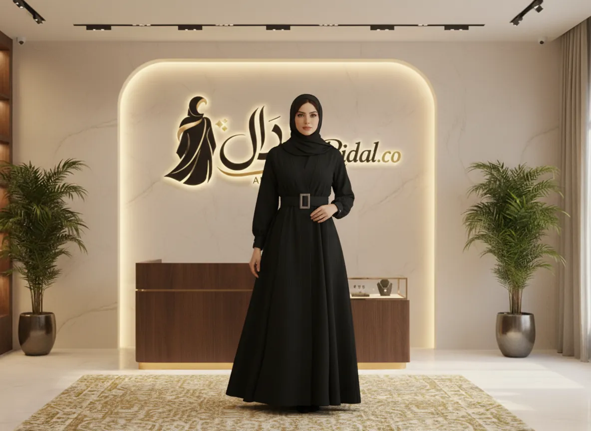 عباية دوام سوداء أنيقة بتصميم لف وقماش مقلم ناعم مع حزام خصر عريض