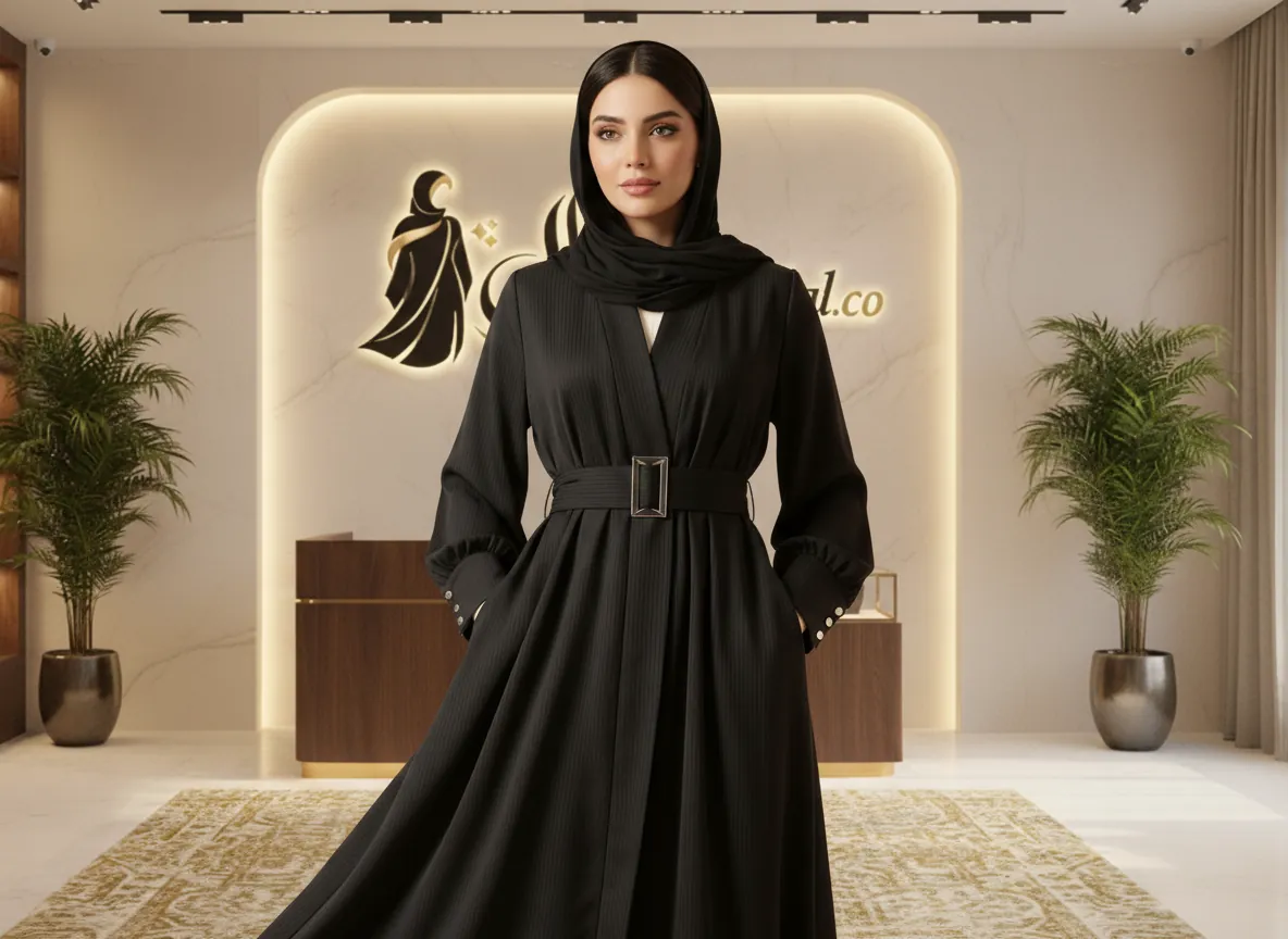 عباية دوام سوداء أنيقة بتصميم لف وقماش مقلم ناعم مع حزام خصر عريض