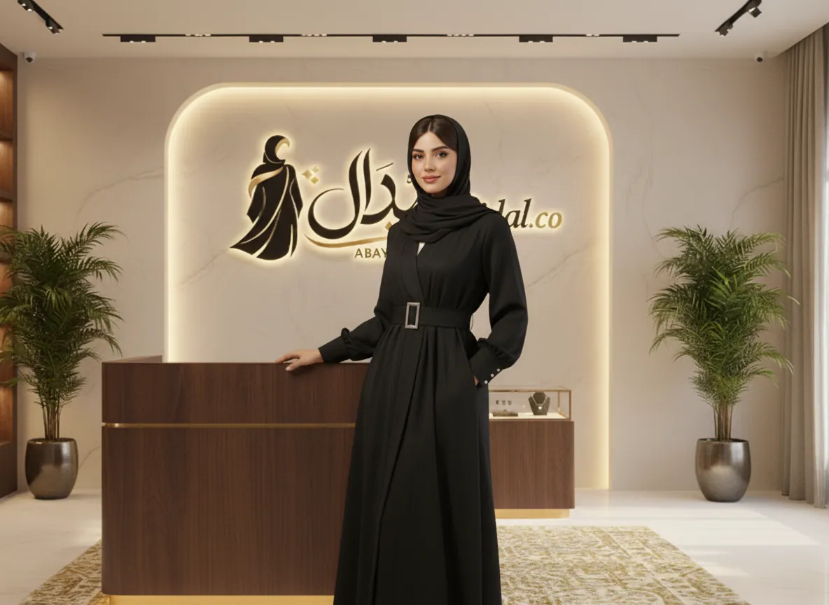 عباية دوام سوداء أنيقة بتصميم لف وقماش مقلم ناعم مع حزام خصر عريض