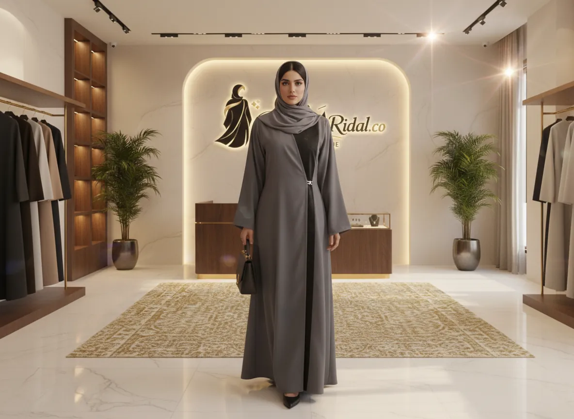 عباية دوام رمادي راقية بتصميم لف مع قماش أسود منقوش - SE092