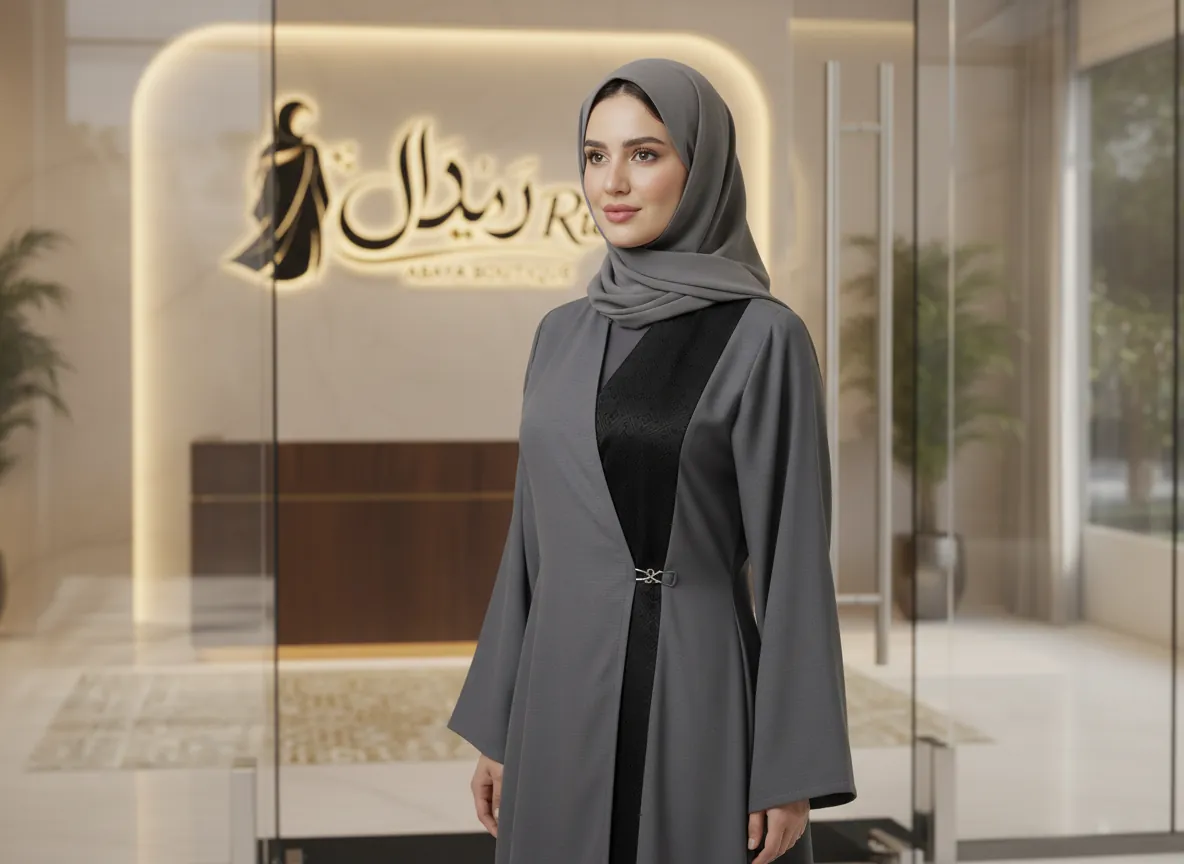 عباية دوام رمادي راقية بتصميم لف مع قماش أسود منقوش - SE092