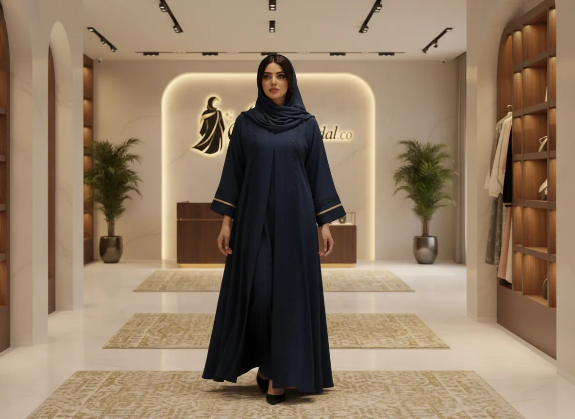 عباية كحلية راقية بتطريز كلاسيكي وتفاصيل ذهبية ساحرة - SE805