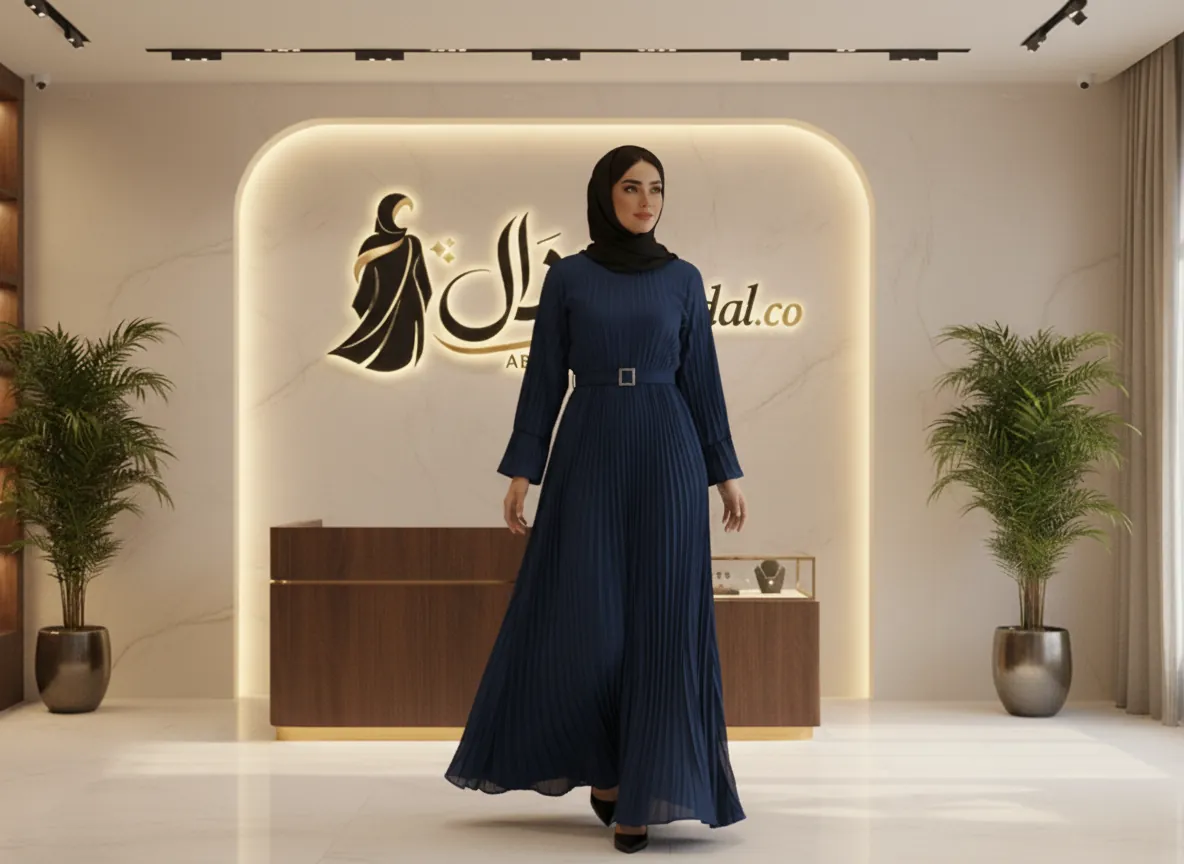 عباية كحلي بكسرات بليسيه راقية مع حزام خصر وتصميم كلوش واسع