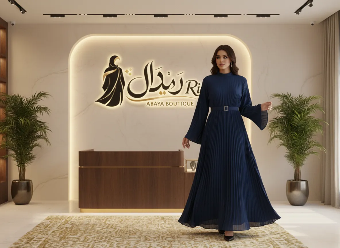 عباية كحلي بكسرات بليسيه راقية مع حزام خصر وتصميم كلوش واسع