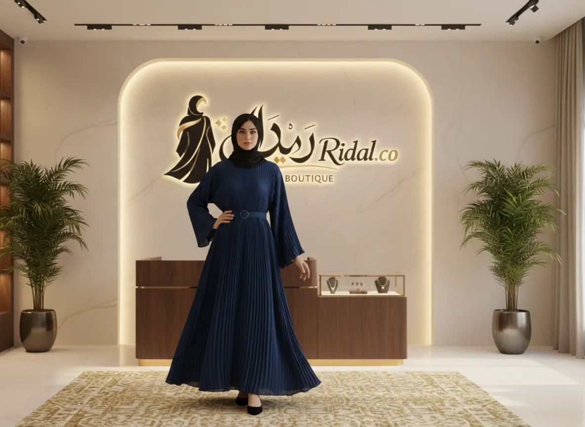 عباية كحلي بكسرات بليسيه راقية مع حزام خصر وتصميم كلوش واسع