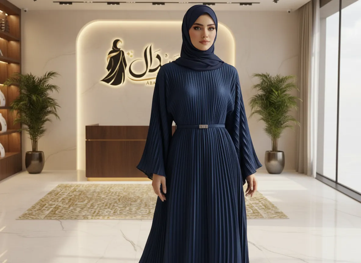 عباية كحلي بكسرات بليسيه راقية مع حزام خصر وتصميم كلوش واسع