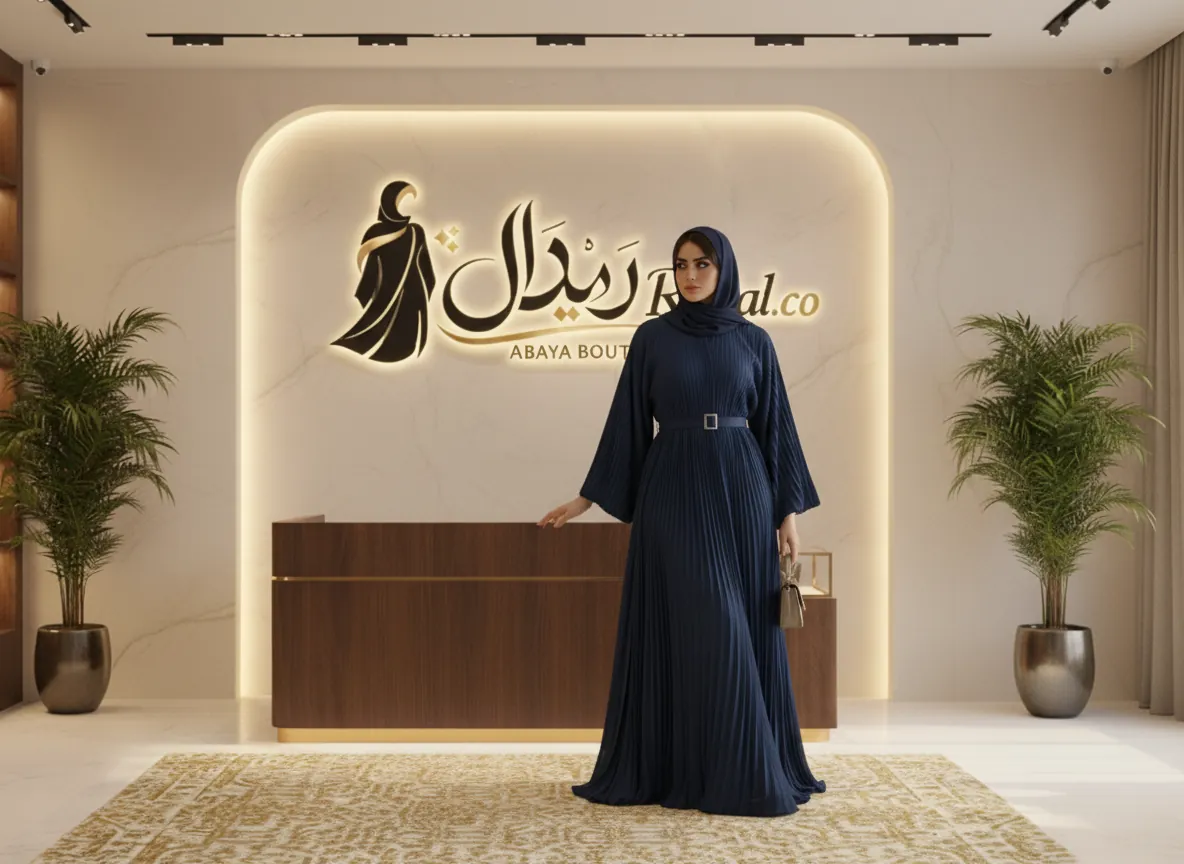 عباية كحلي بكسرات بليسيه راقية مع حزام خصر وتصميم كلوش واسع