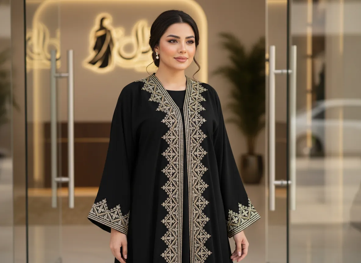 عباية كريب ملكي سوداء مطرزة يدوياً بخيوط الحرير والخرز الفاخر