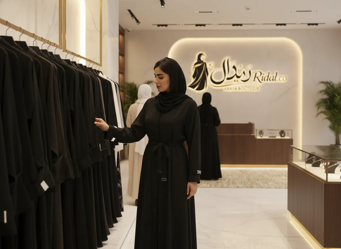 عباية دوام سوداء رسمية بياقة قميص وحزام خصر وأطراف معدنية أنيقة