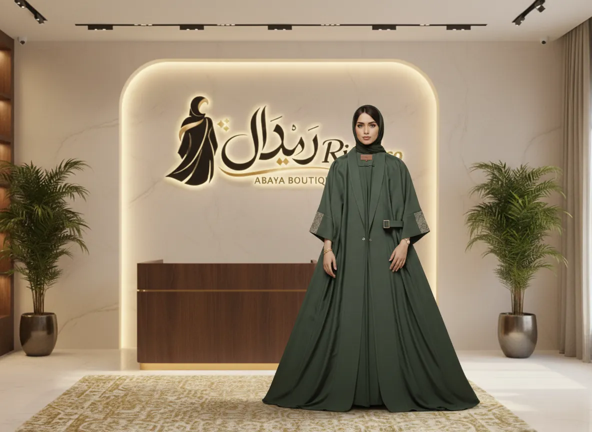 عباية سفر خضراء بتطريز هندسي على الأكمام وتفصيل حزام جانبي - كوليكشن راقي