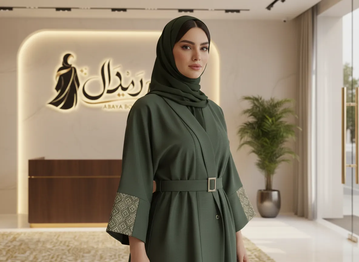عباية سفر خضراء بتطريز هندسي على الأكمام وتفصيل حزام جانبي - كوليكشن راقي