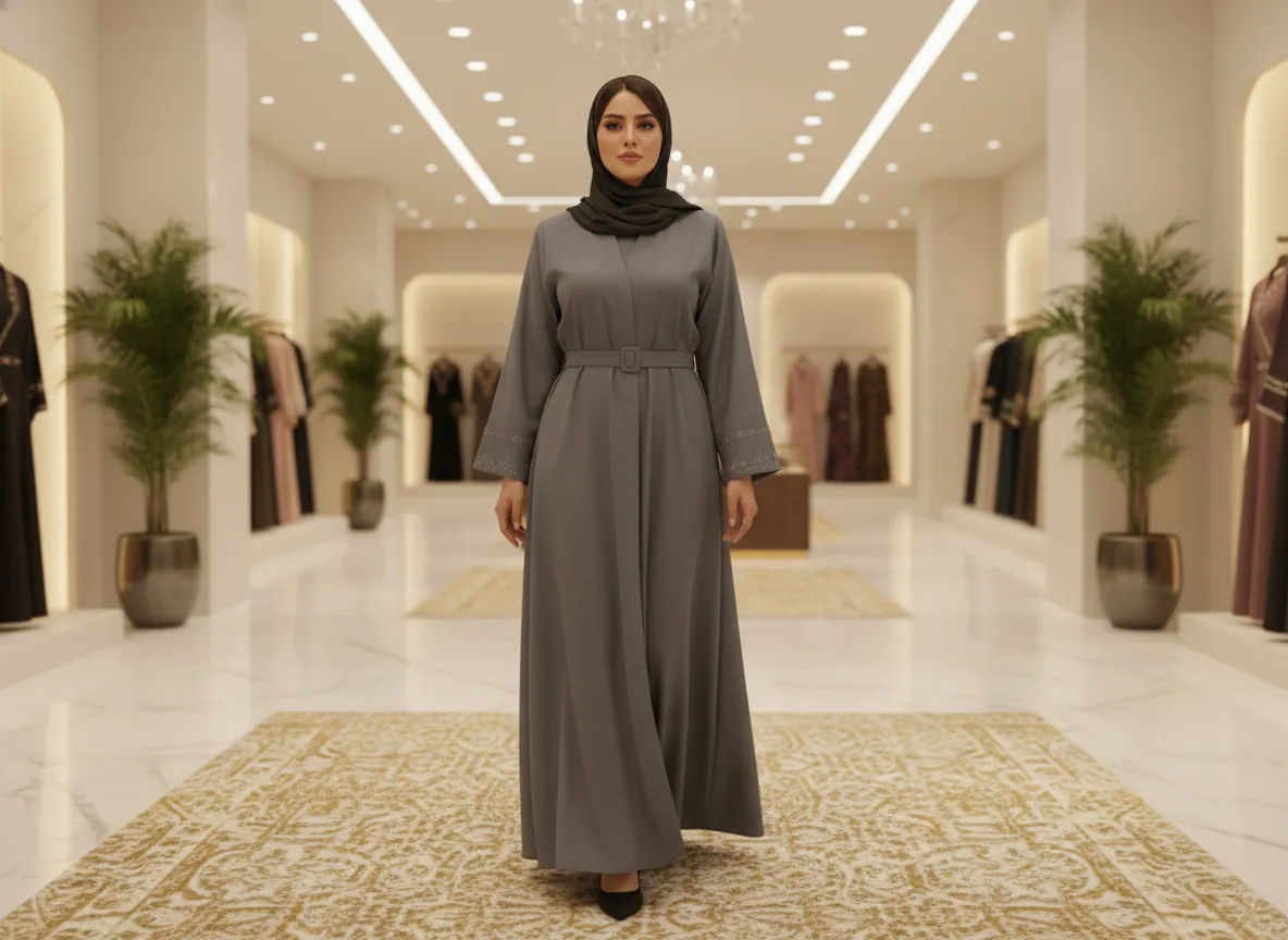عباية رمادية عملية بتصميم راقي مطرزة الأكمام والياقة مع حزام خصري