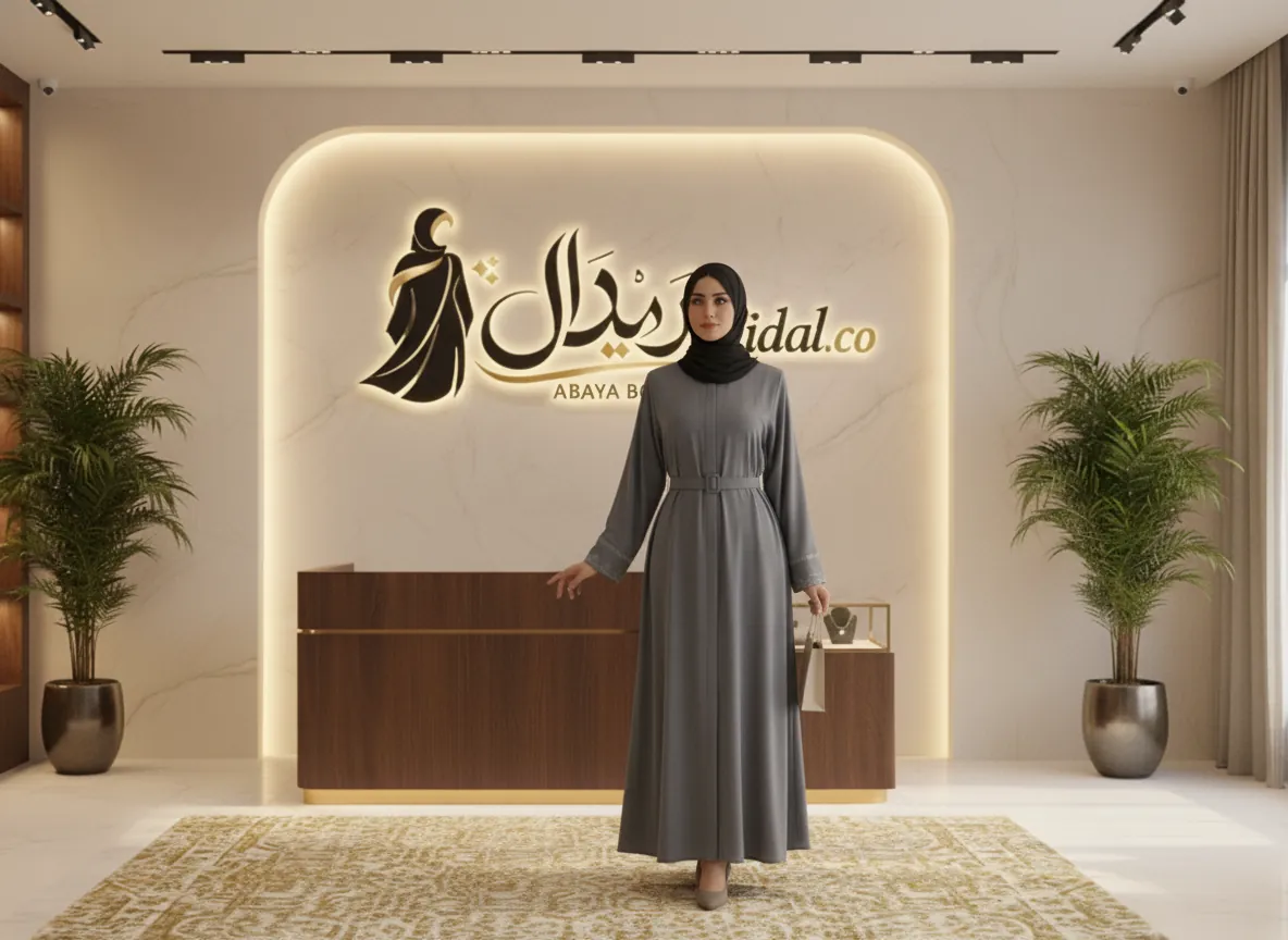 عباية رمادية عملية بتصميم راقي مطرزة الأكمام والياقة مع حزام خصري