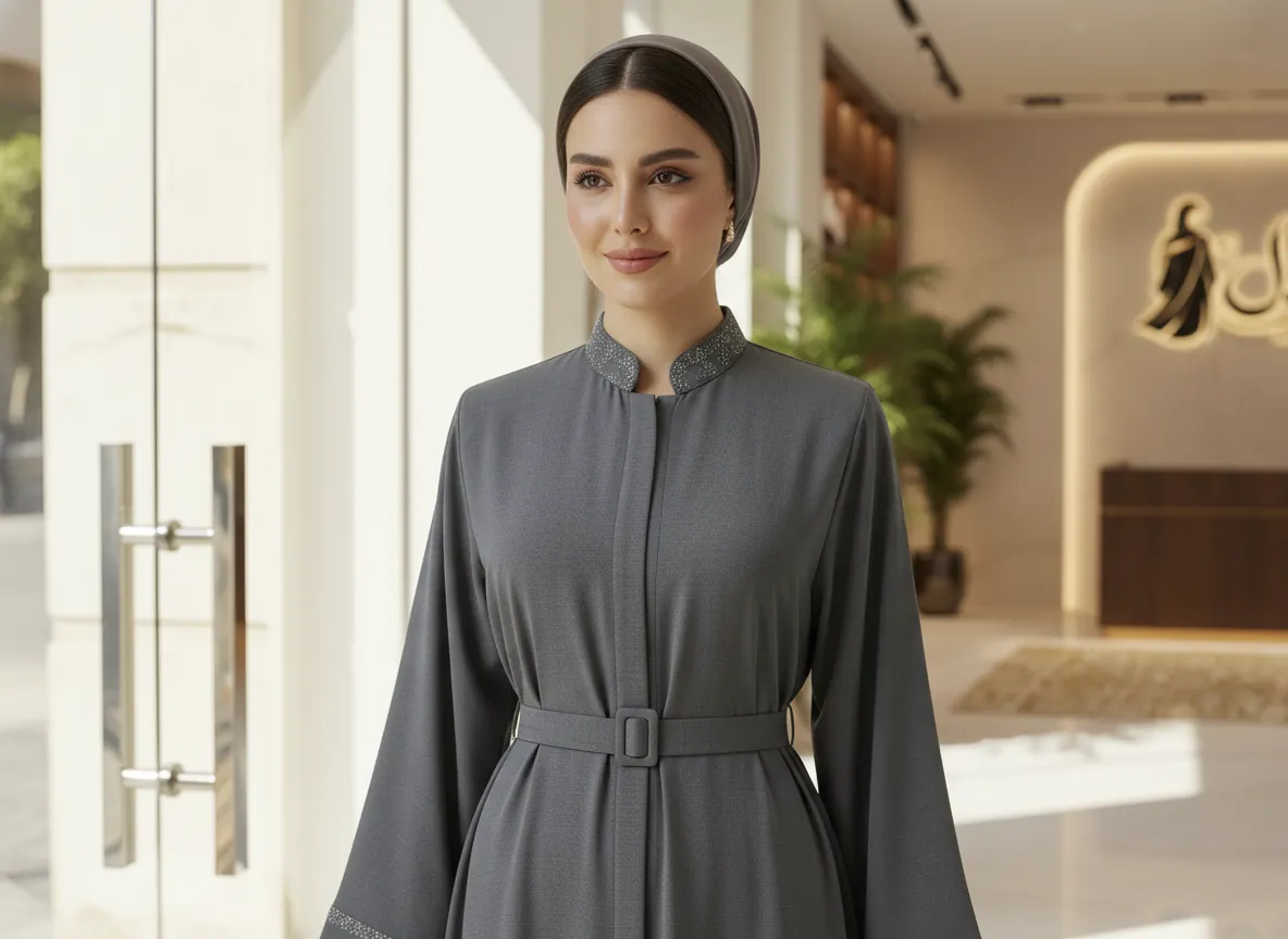 عباية رمادية عملية بتصميم راقي مطرزة الأكمام والياقة مع حزام خصري