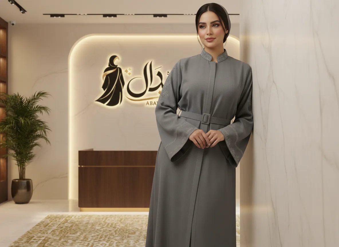 عباية رمادية عملية بتصميم راقي مطرزة الأكمام والياقة مع حزام خصري