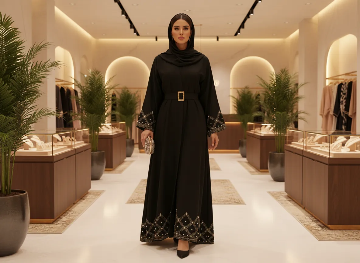 عباية سوداء فاخرة من قماش الكريب الملكي بتطريز يدوي على الأكمام وتصميم كلاسيكي راقي