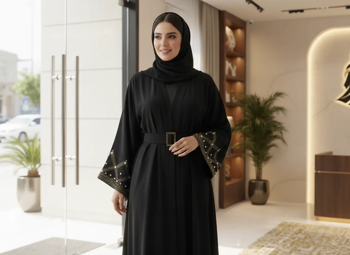 عباية سوداء فاخرة من قماش الكريب الملكي بتطريز يدوي على الأكمام وتصميم كلاسيكي راقي