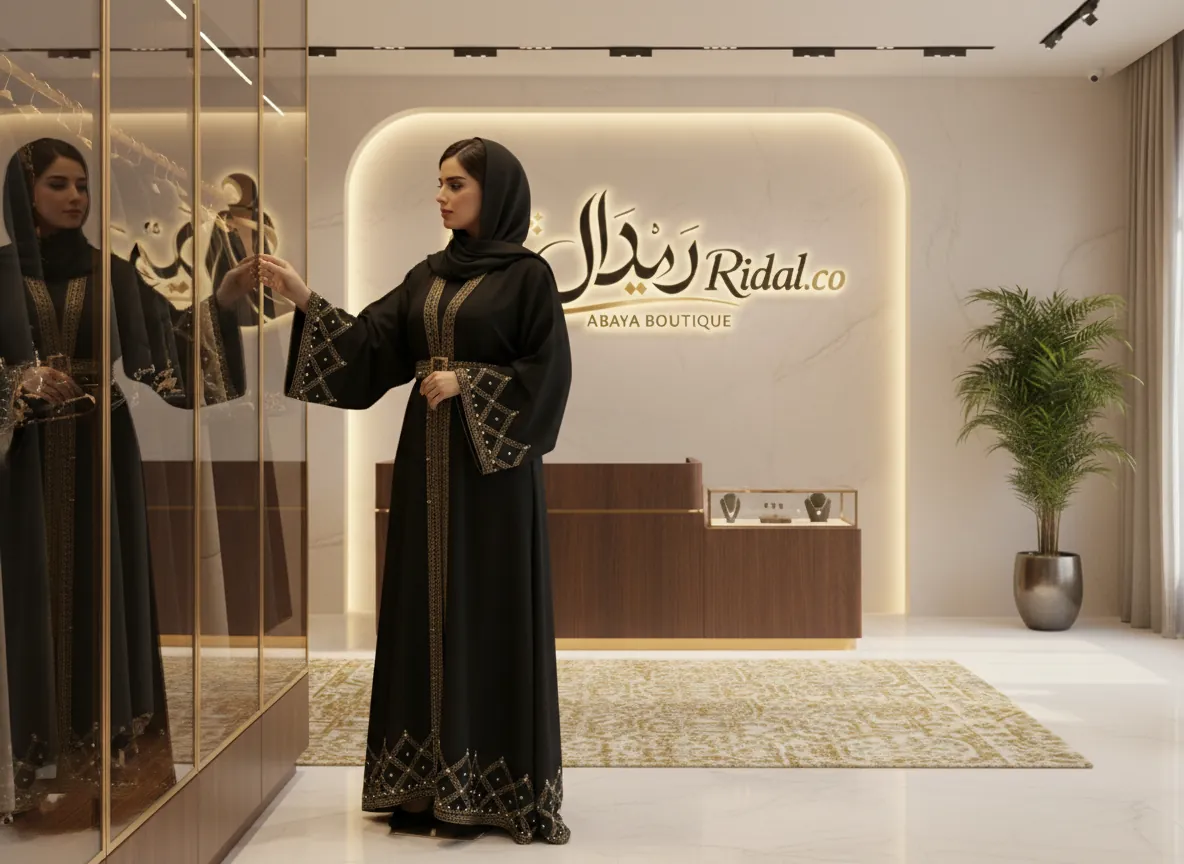 عباية سوداء فاخرة من قماش الكريب الملكي بتطريز يدوي على الأكمام وتصميم كلاسيكي راقي