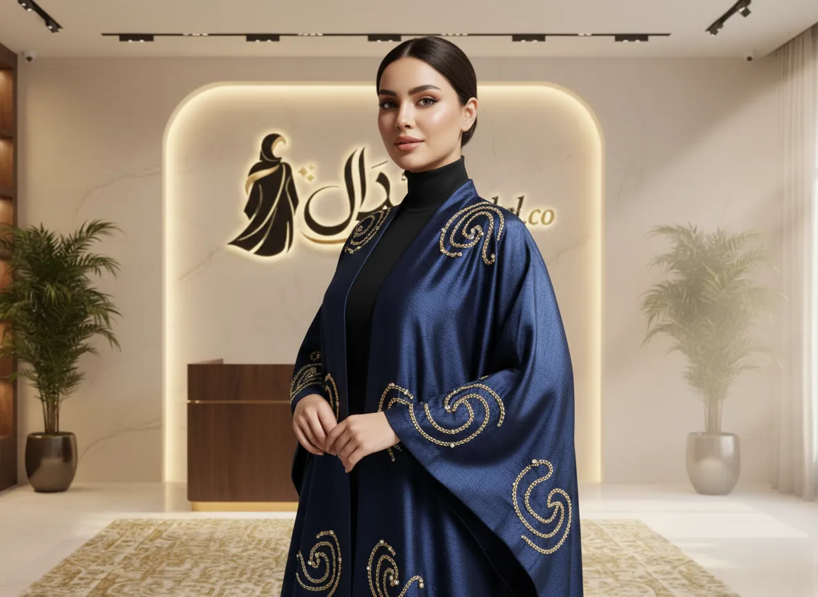 عباية كيمونو ملكية باللون الأزرق النيلي بتطريزات حلزونية ذهبية فاخرة