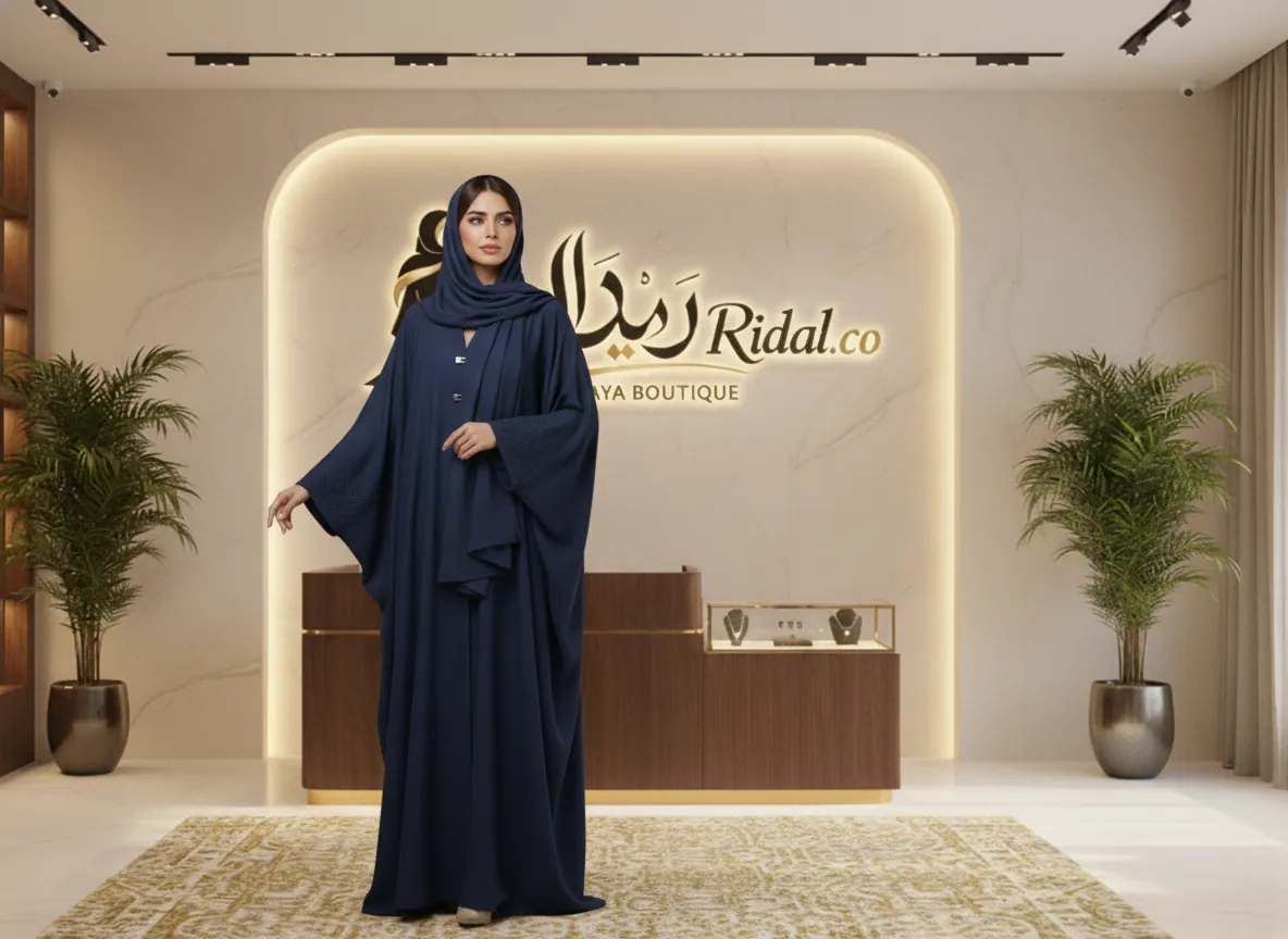 عباية بشت كحلي فاخرة بتطريز هندسي على الأكمام مع طرحة مطابقة