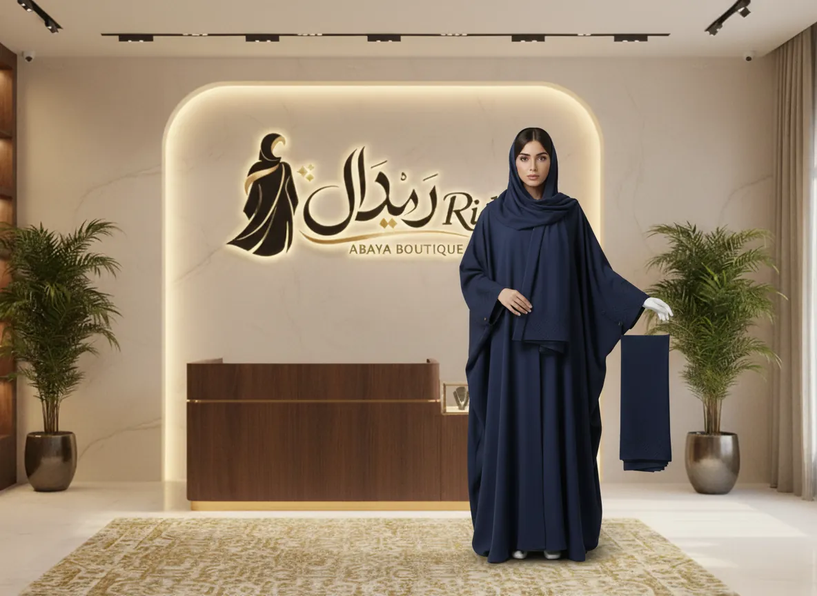 عباية بشت كحلي فاخرة بتطريز هندسي على الأكمام مع طرحة مطابقة