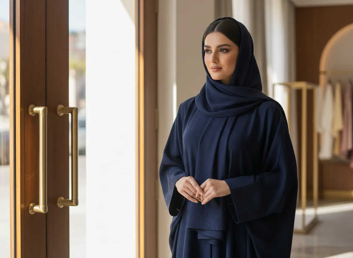 عباية بشت كحلي فاخرة بتطريز هندسي على الأكمام مع طرحة مطابقة