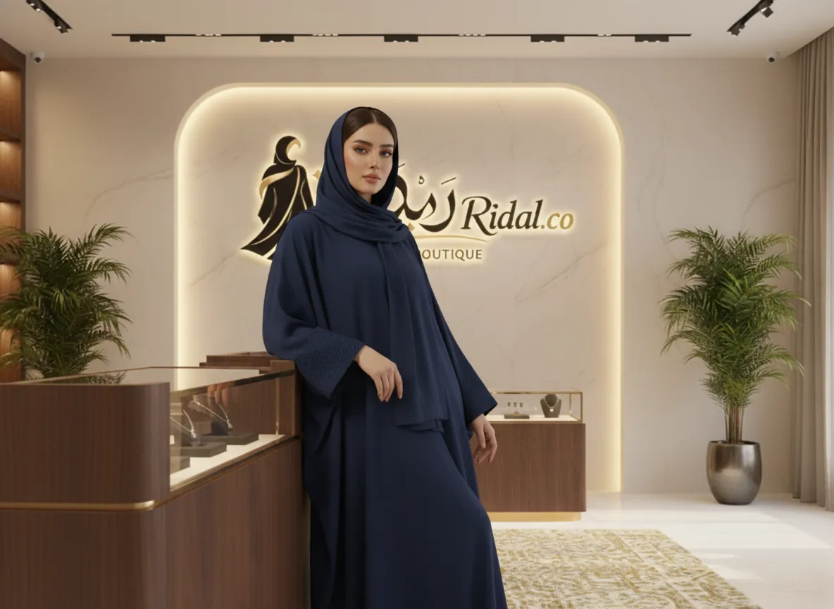 عباية بشت كحلي فاخرة بتطريز هندسي على الأكمام مع طرحة مطابقة