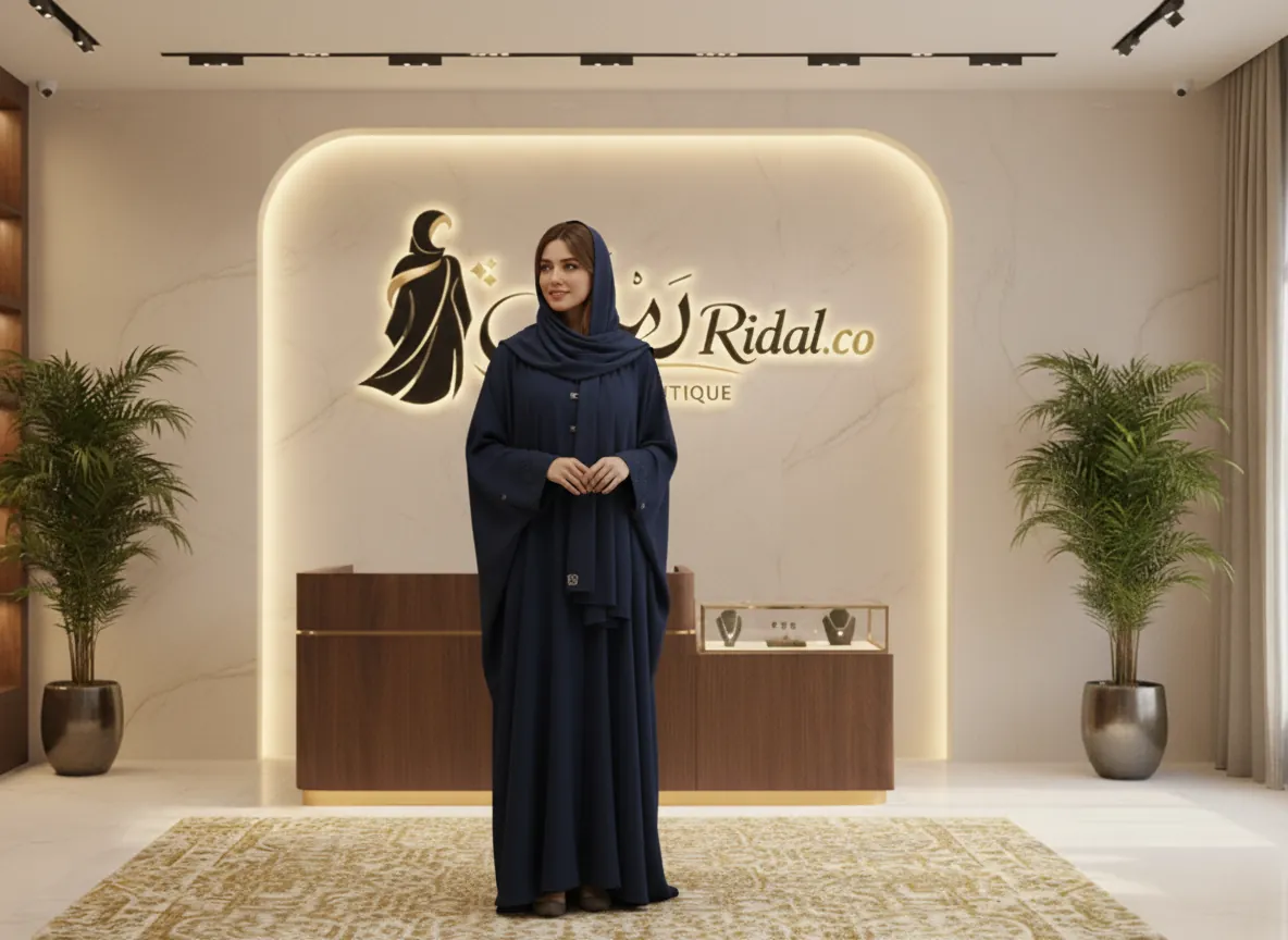 عباية بشت كحلي فاخرة بتطريز هندسي على الأكمام مع طرحة مطابقة
