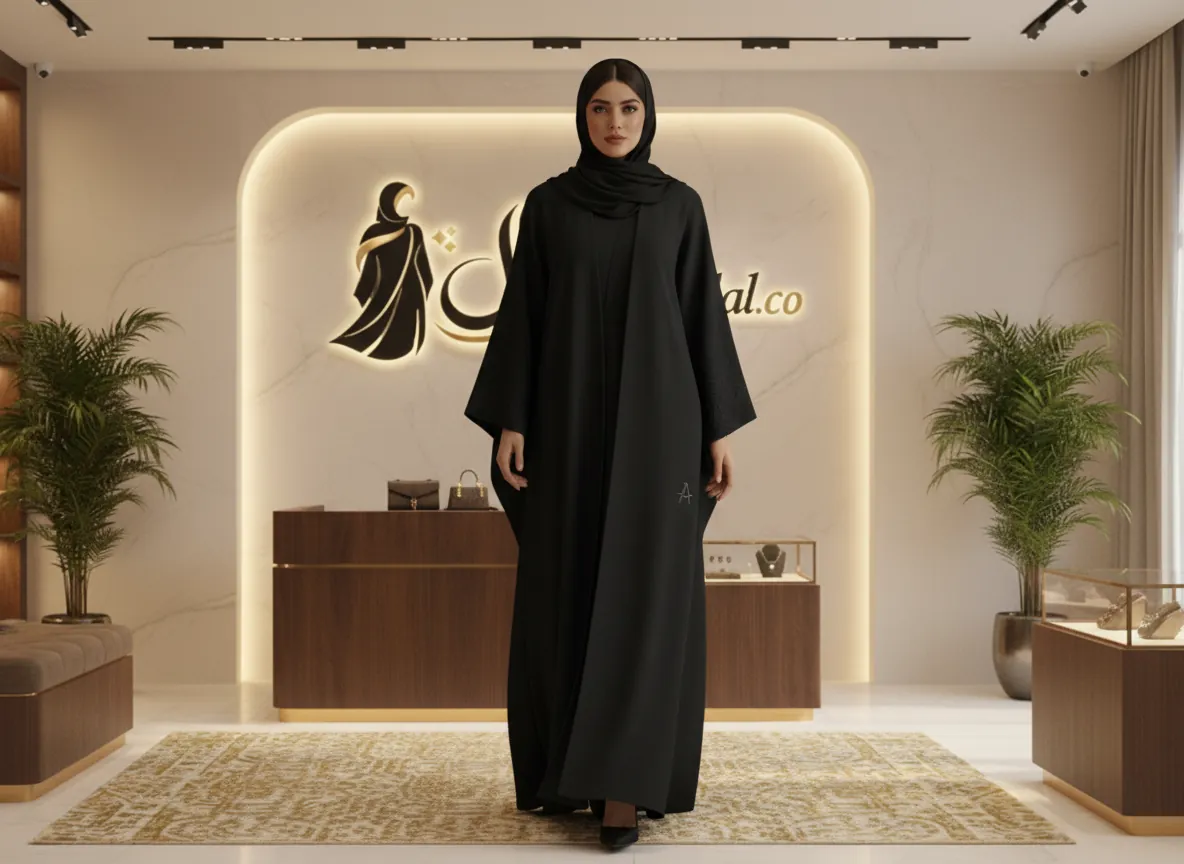 عباية سوداء ملكية فاخرة من قماش الكريب الكوري بتصميم كلاسيكي عصري وتطريز ناعم