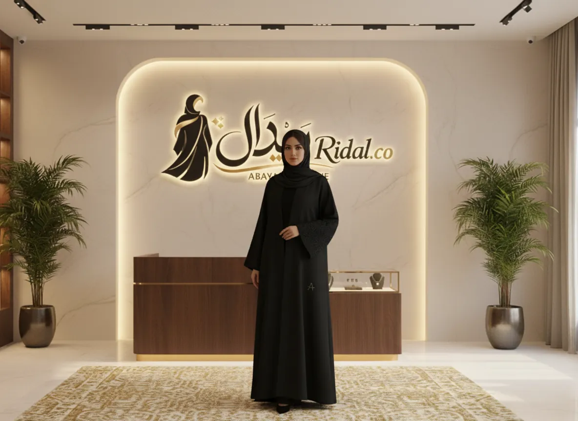 عباية سوداء ملكية فاخرة من قماش الكريب الكوري بتصميم كلاسيكي عصري وتطريز ناعم
