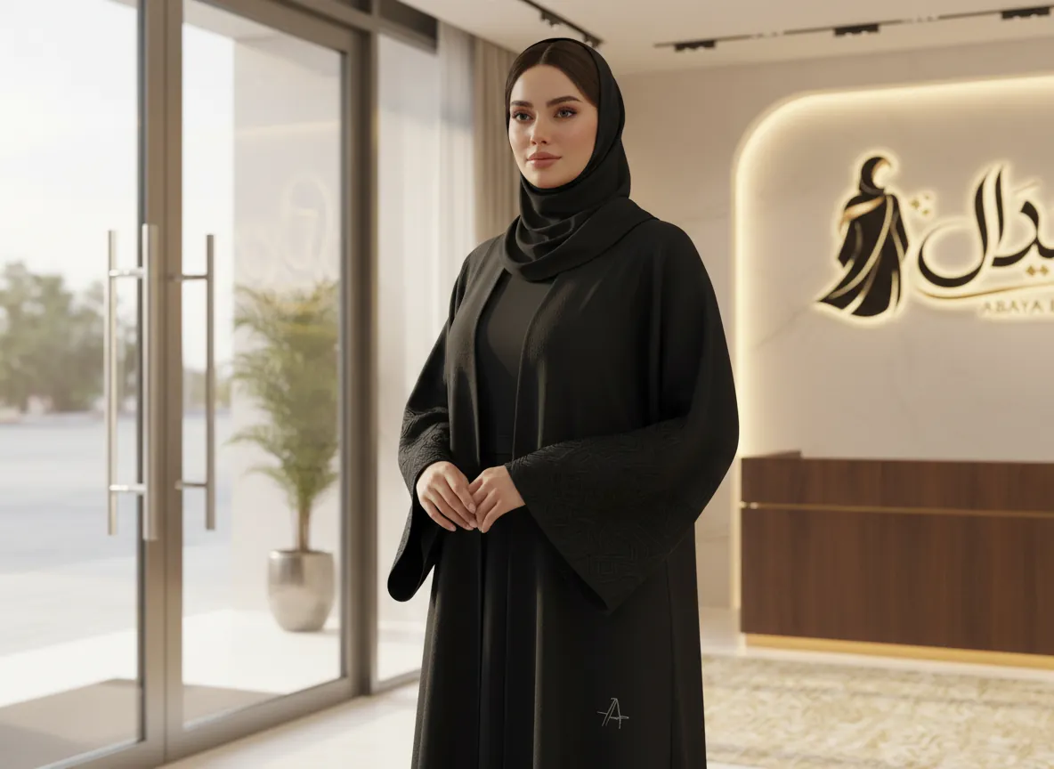 عباية سوداء ملكية فاخرة من قماش الكريب الكوري بتصميم كلاسيكي عصري وتطريز ناعم