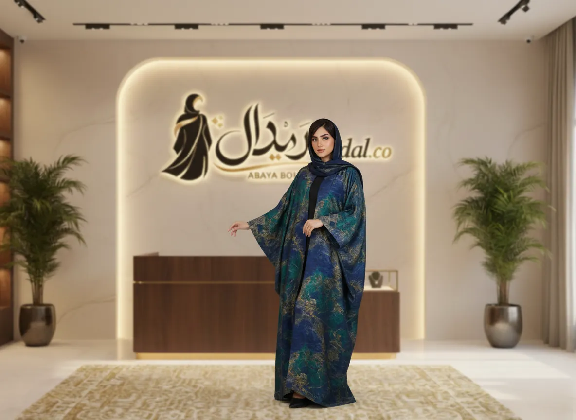 عباية فاخرة بنقوش تجريدية وألوان المحيط مع تطريز ذهبي على الأكمام