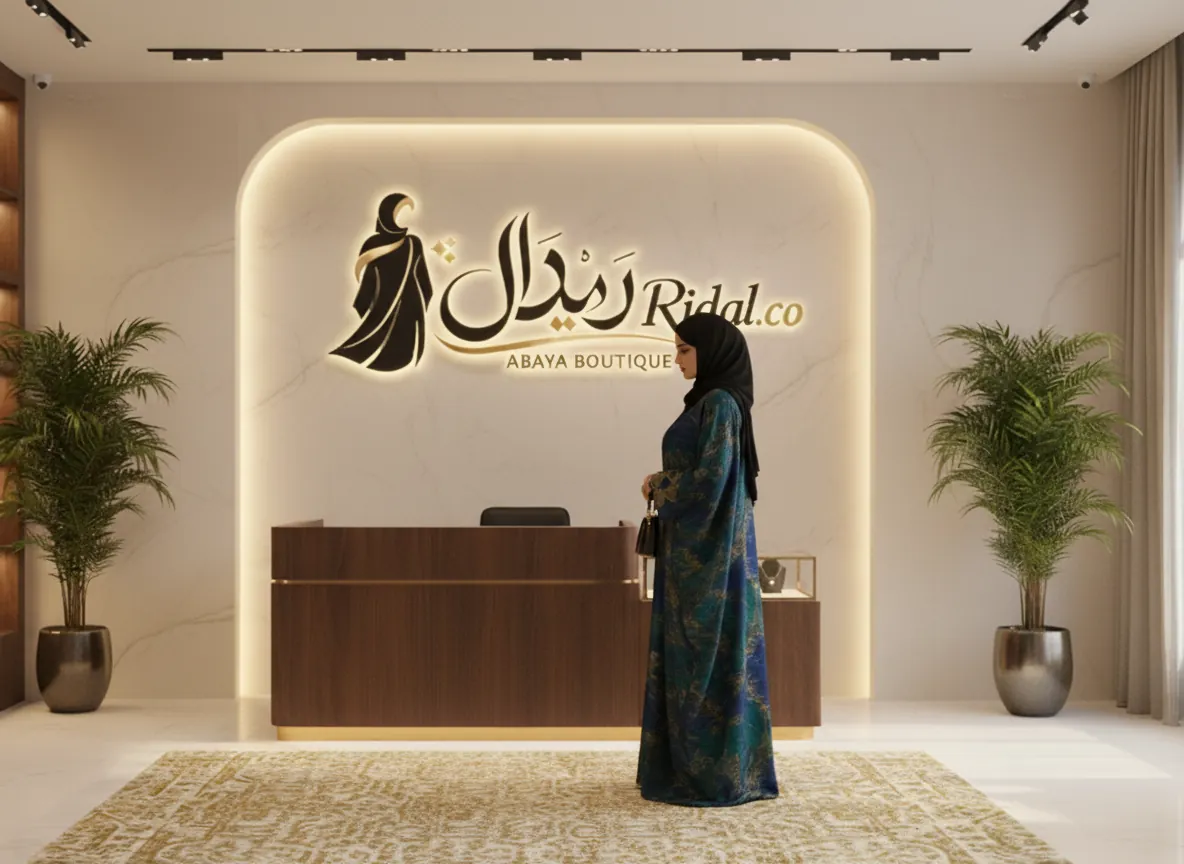 عباية فاخرة بنقوش تجريدية وألوان المحيط مع تطريز ذهبي على الأكمام