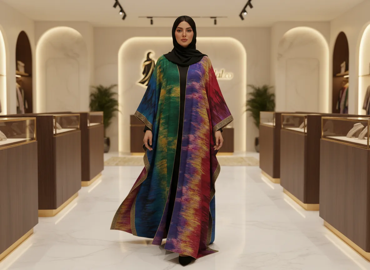 عباية بشت فاخرة بألوان الطيف وتصميم فني تجريدي مع تطريز ذهبي