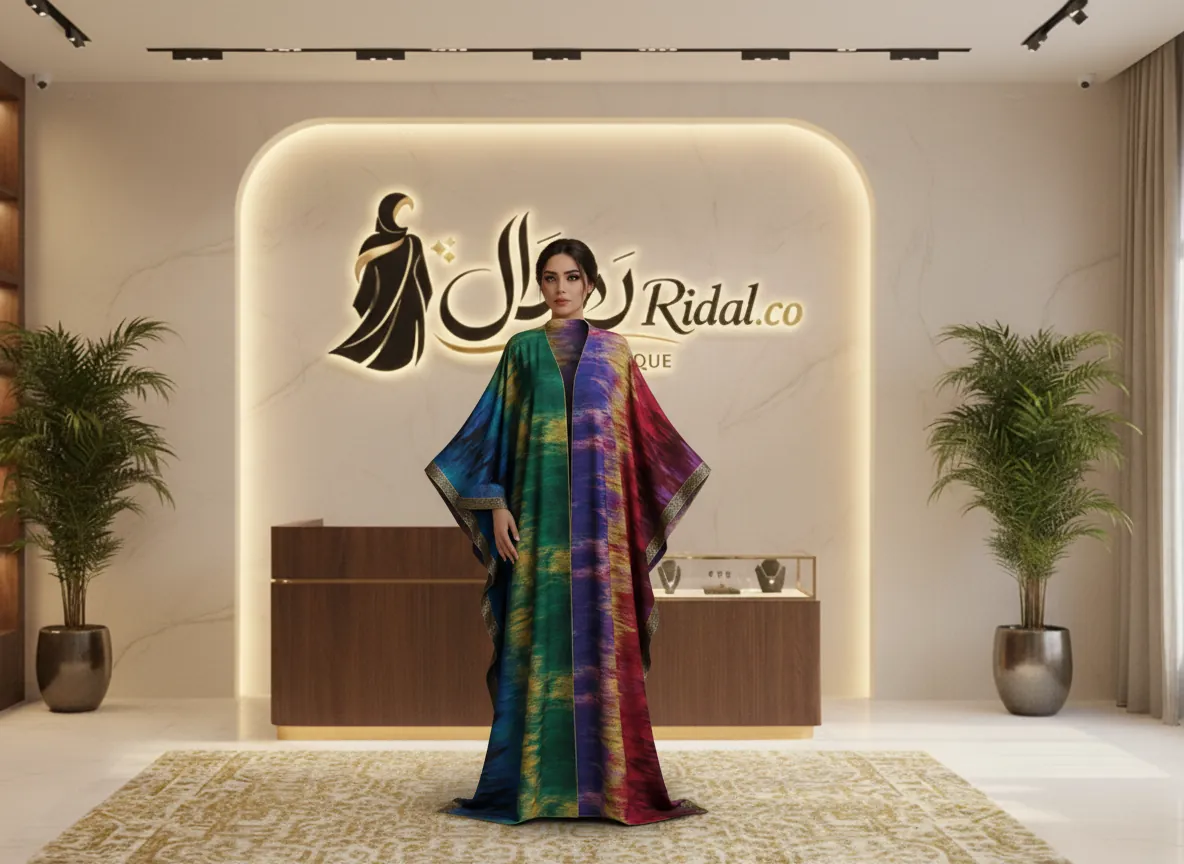 عباية بشت فاخرة بألوان الطيف وتصميم فني تجريدي مع تطريز ذهبي