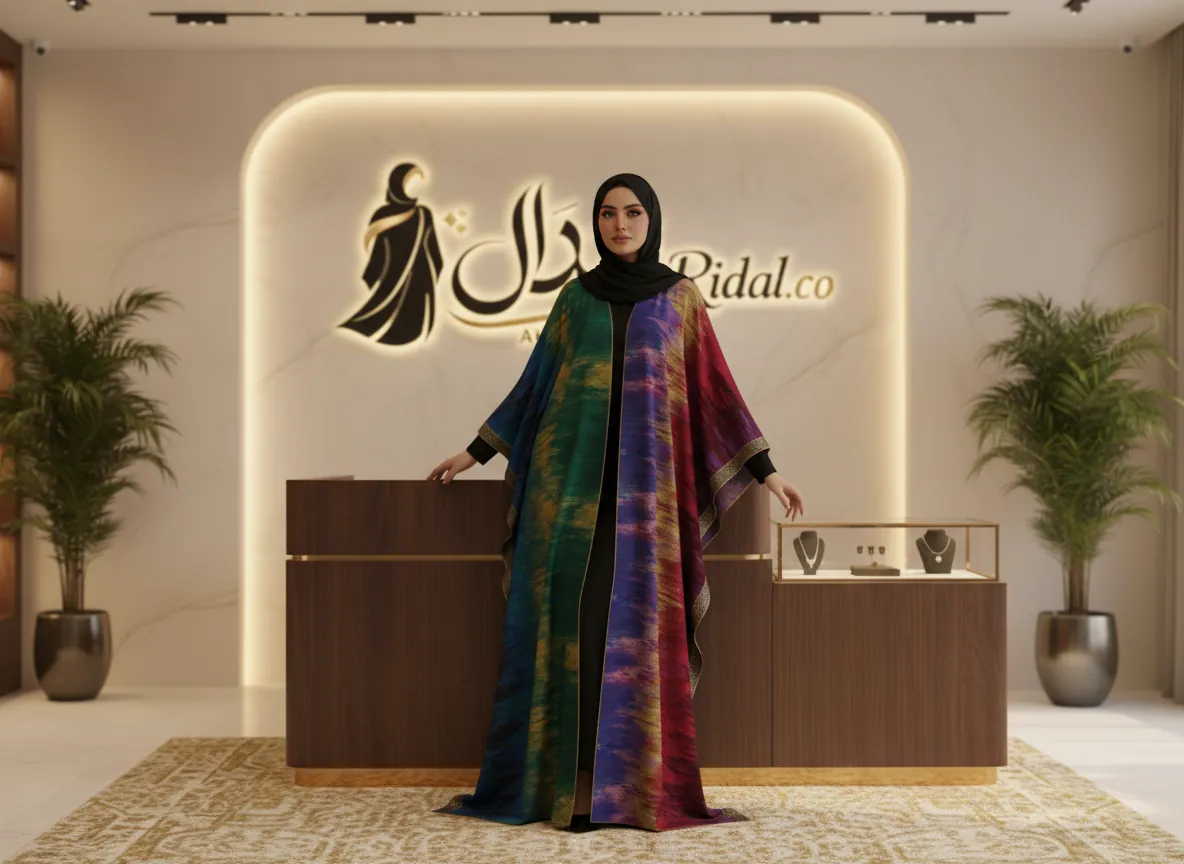 عباية بشت فاخرة بألوان الطيف وتصميم فني تجريدي مع تطريز ذهبي