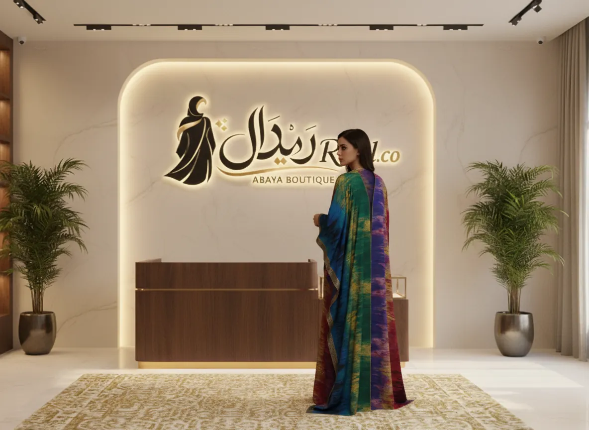 عباية بشت فاخرة بألوان الطيف وتصميم فني تجريدي مع تطريز ذهبي