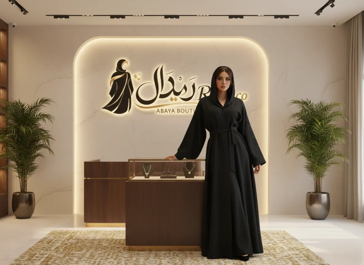 عباية سوداء فاخرة بتطريز هندسي على الأكمام وحزام خصر كلاسيكي