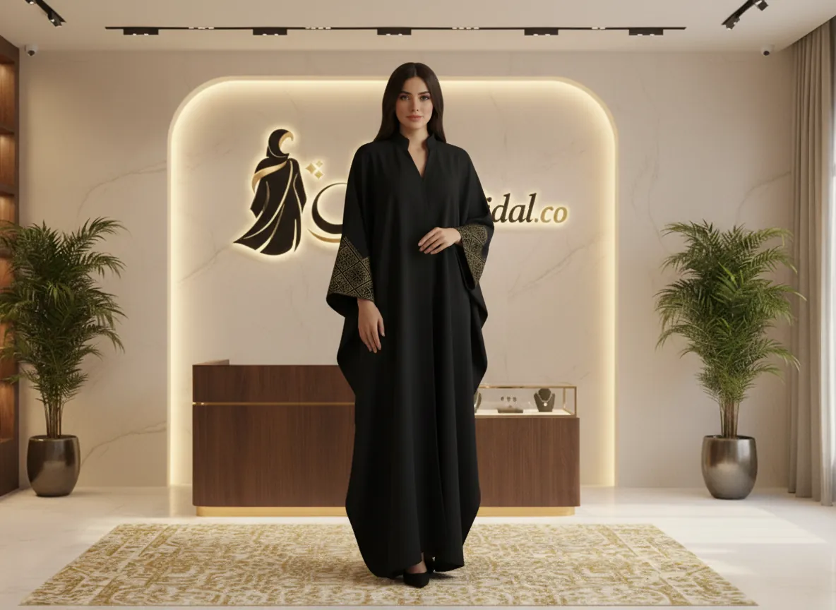 عباية بشت سوداء فاخرة بتطريز هندسي مذهب على الأكمام