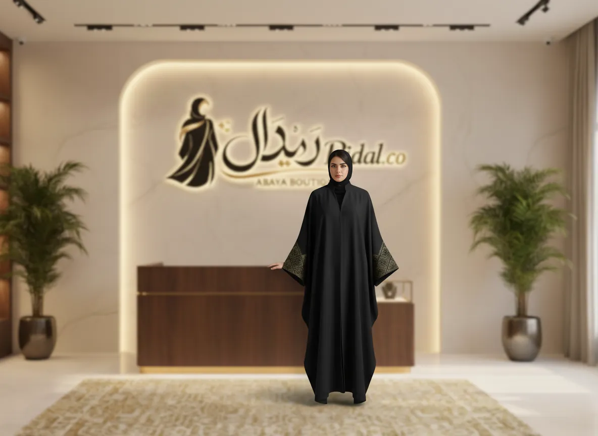 عباية بشت سوداء فاخرة بتطريز هندسي مذهب على الأكمام