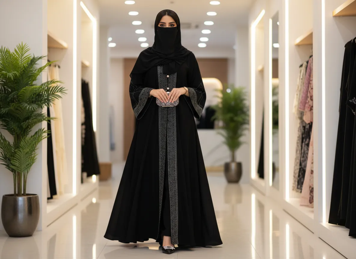 عباية كلوش سوداء ملكية بتطريز هندسي فضي على الأكمام وأزرار لؤلؤية فاخرة