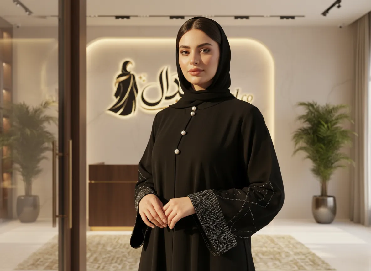 عباية كلوش سوداء ملكية بتطريز هندسي فضي على الأكمام وأزرار لؤلؤية فاخرة
