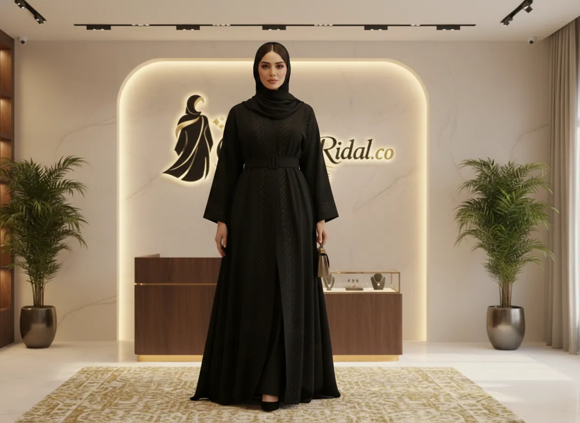 عباية سوداء فاخرة من الكريب مع حزام وتطريز هندسي راقي