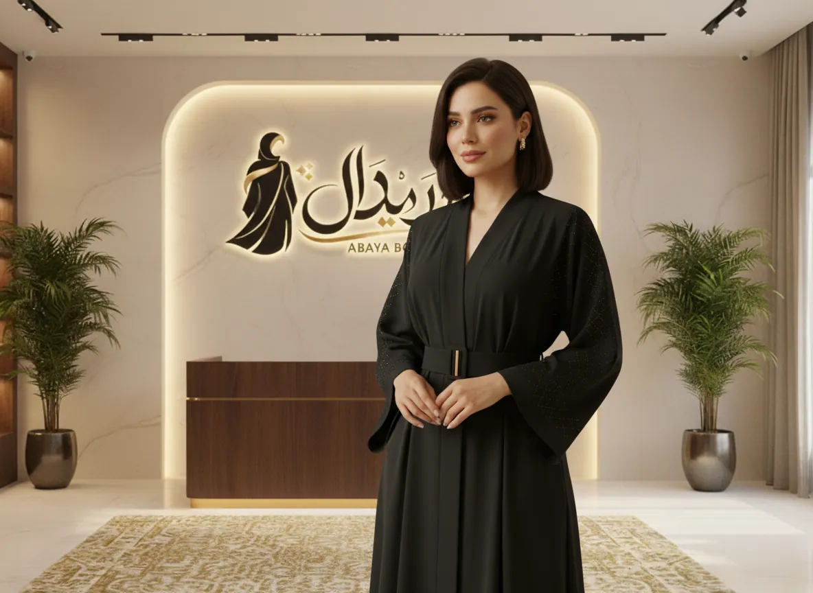 عباية سوداء فاخرة من الكريب مع حزام وتطريز هندسي راقي