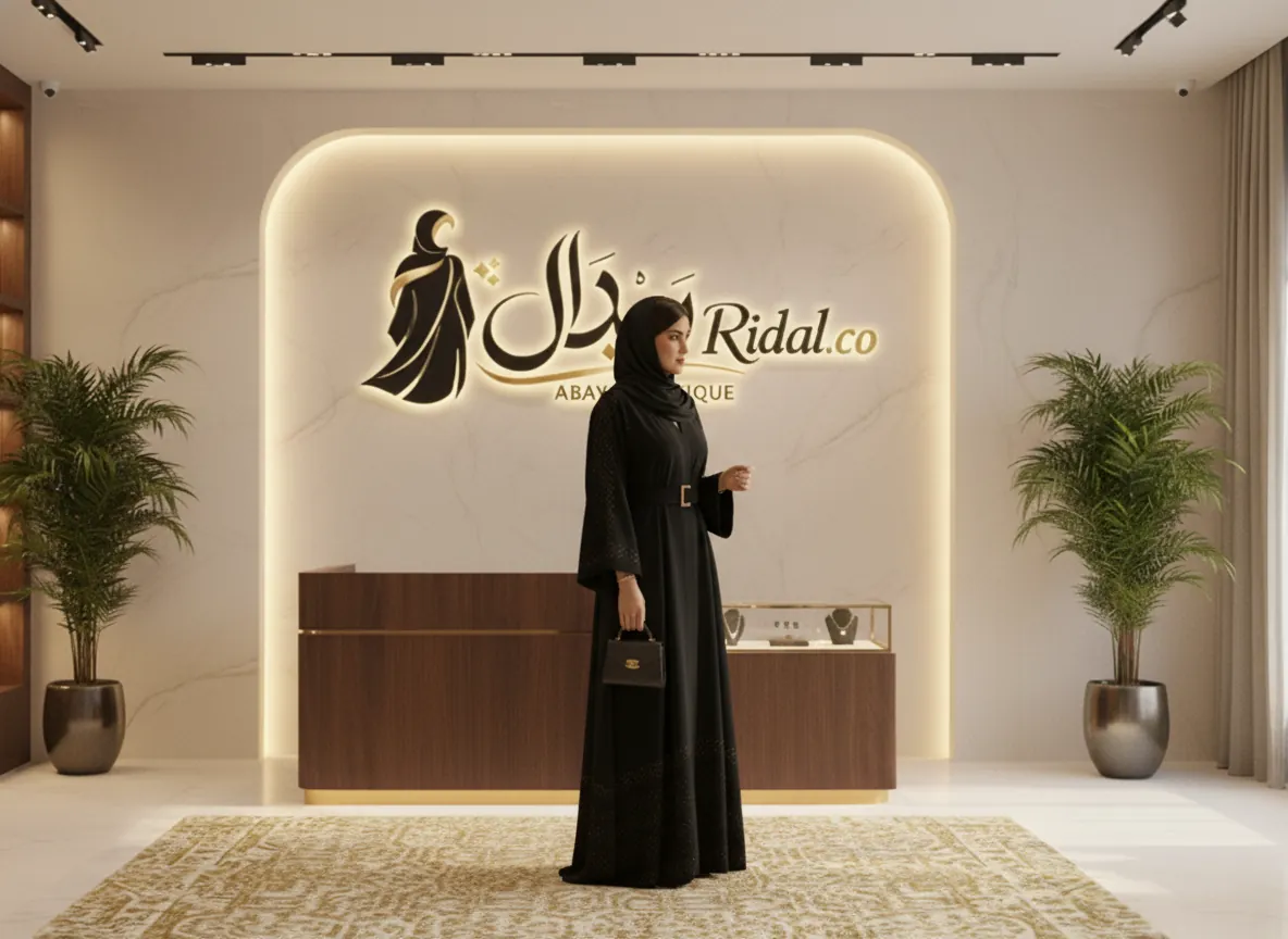 عباية سوداء فاخرة من الكريب مع حزام وتطريز هندسي راقي