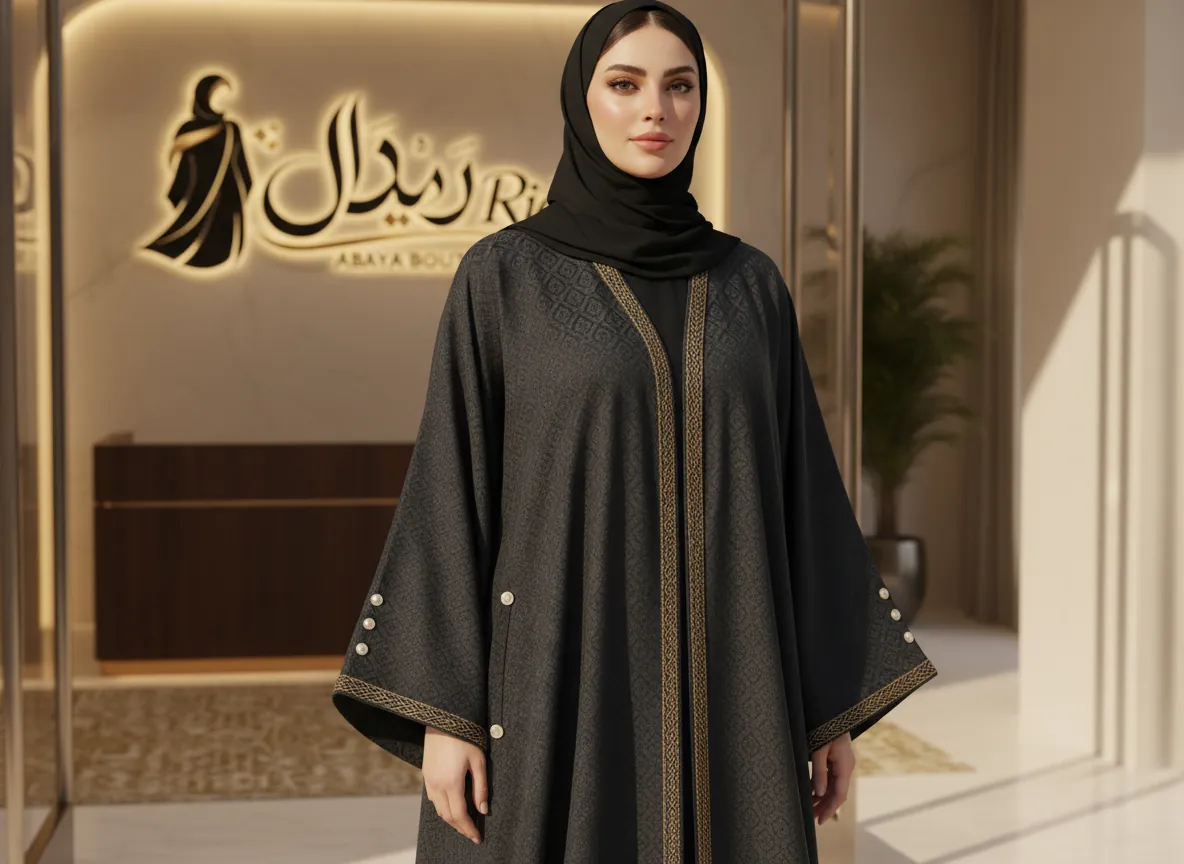 عباية سوداء فاخرة بنقشة الجاكار الهندسية مع كنار ذهبي وأكمام واسعة